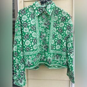 Zara Women Green Bandana Print Long Sleeve Blouse Sz S